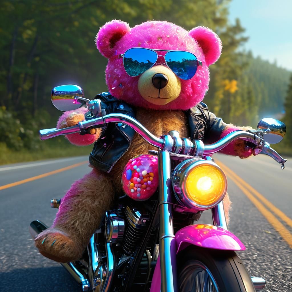Biker Teddy Bear on Candy Motorcycle, Digital Art
