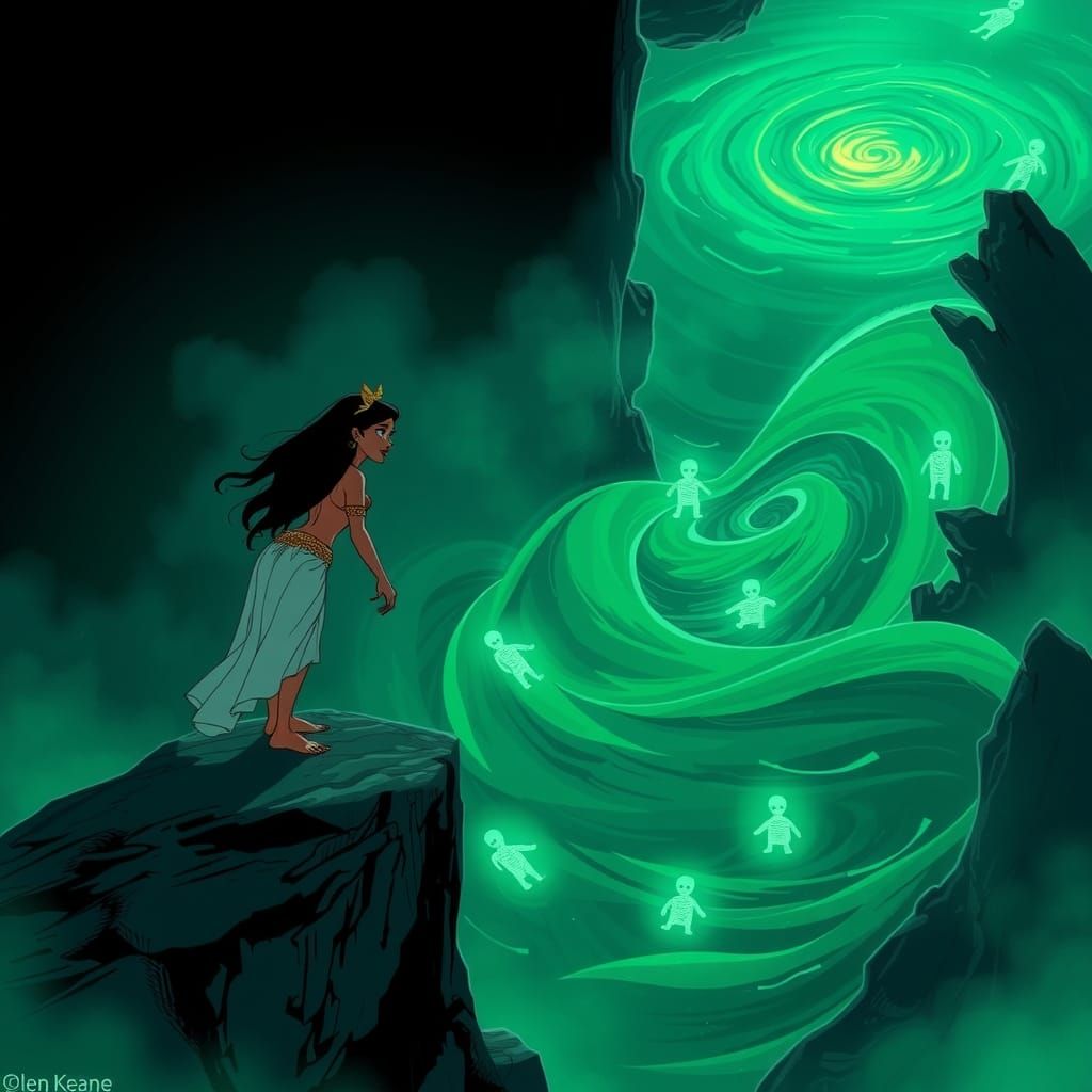 Art by Glen Keane, Megara standing on the cliff, looking dow...