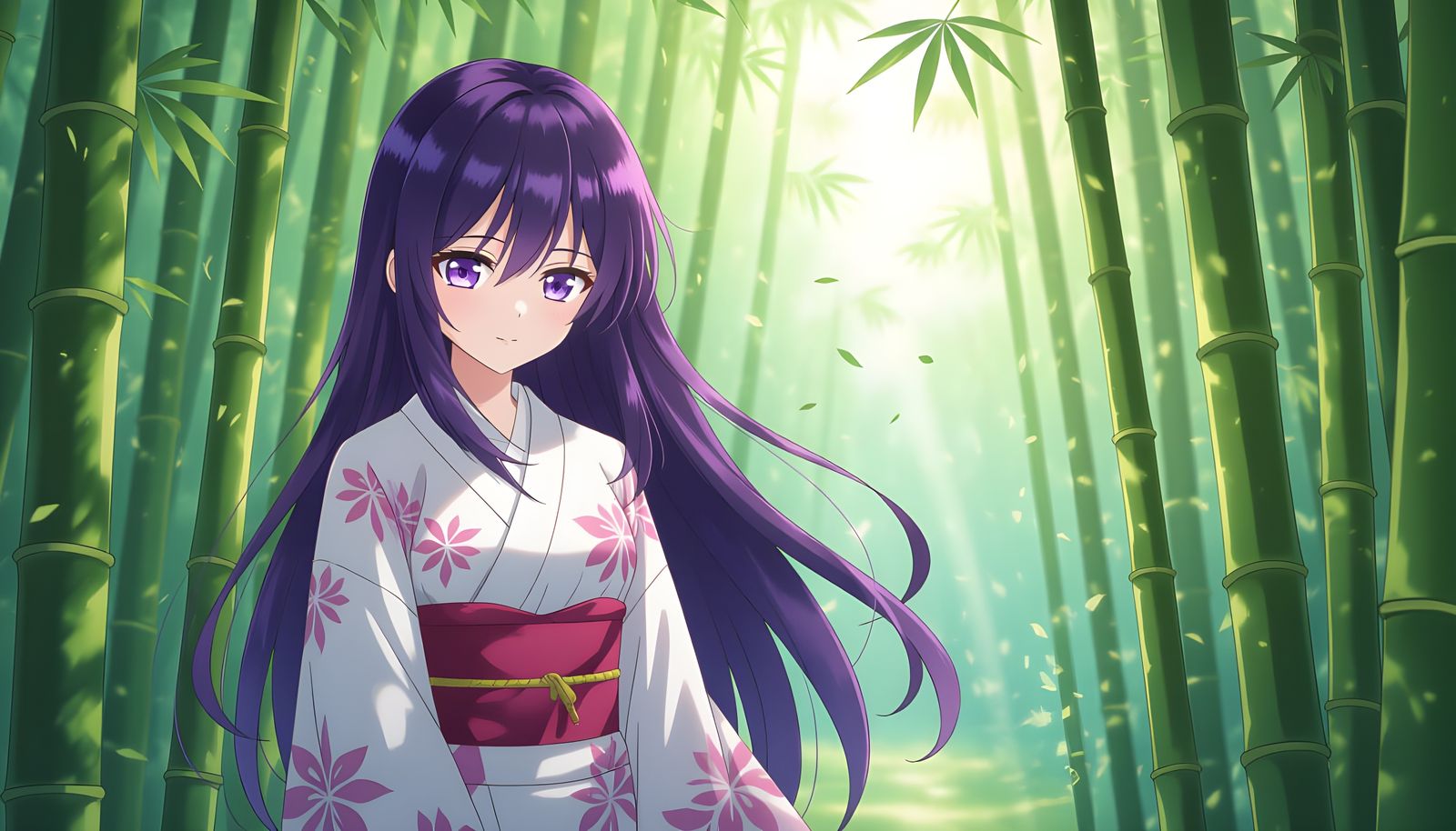 Serene Anime Girl in Bamboo Forest, Cel-Shaded Style