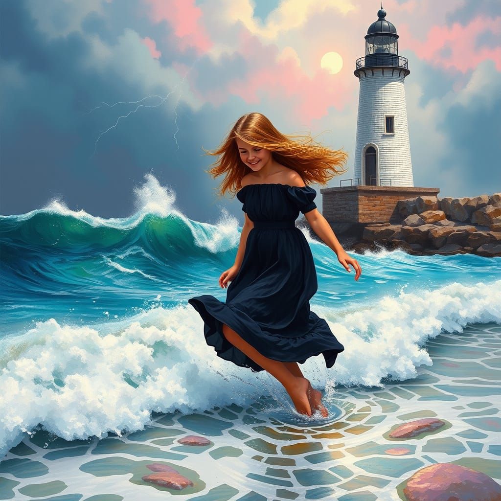 Girl in Stormy Sea, Aivazovsky Style Lighthouse