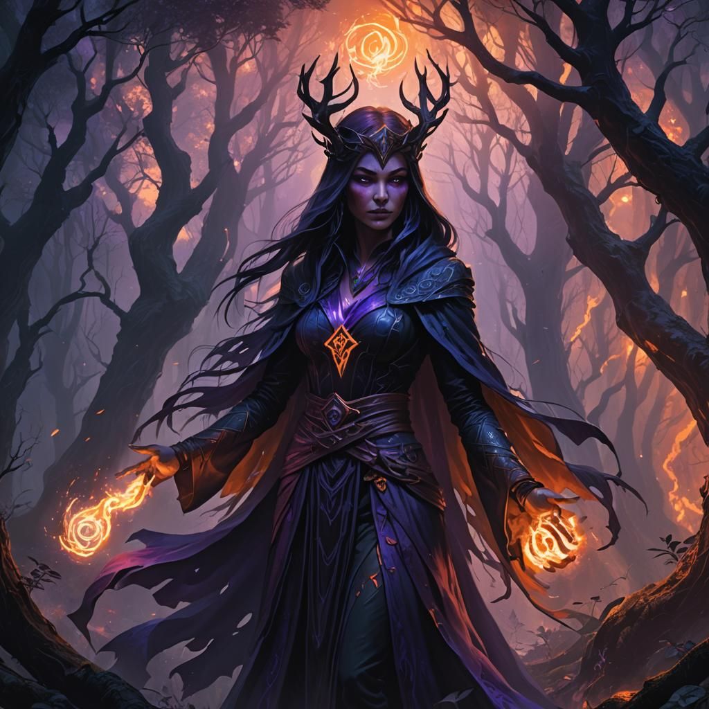 Dark Sorceress Summons Shadow in Mystical Forest
