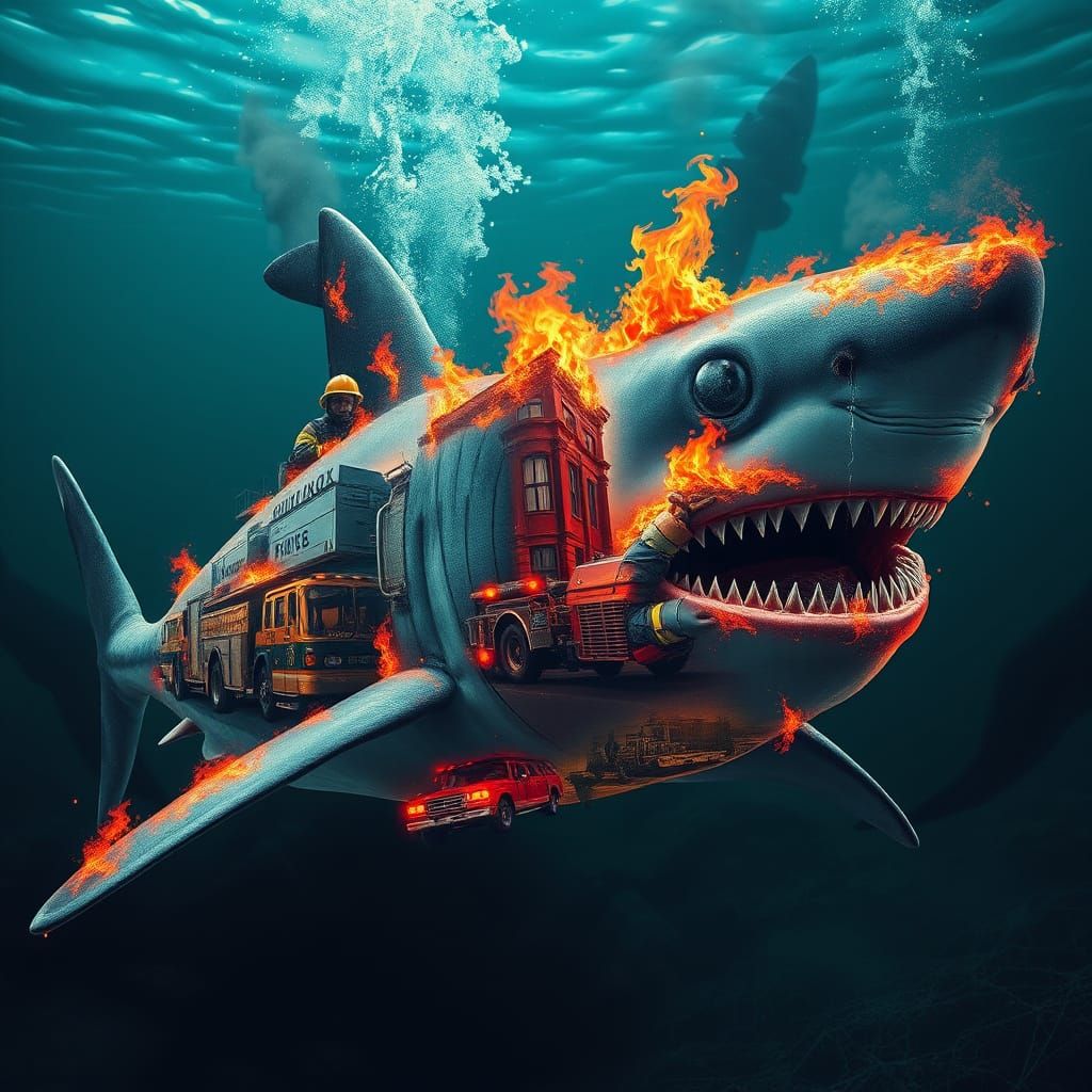 Surreal Shark Formed from Scenes of Fiery Past Life