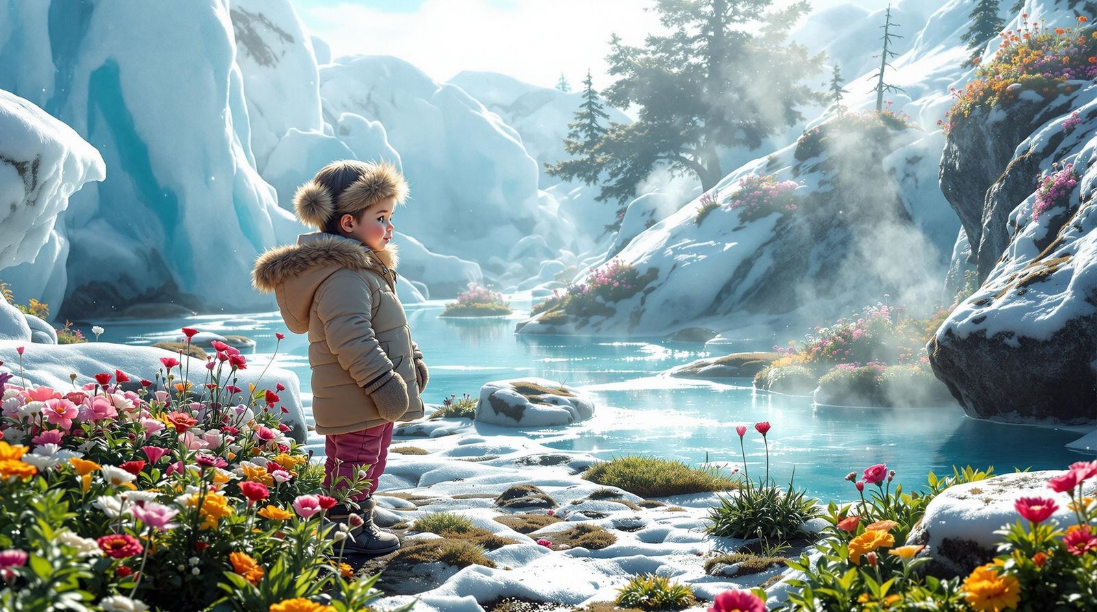 Serene Child in Vibrant Hot Spring Oasis