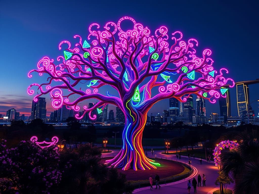 Glowing Tree of Life Sculpture in Neon