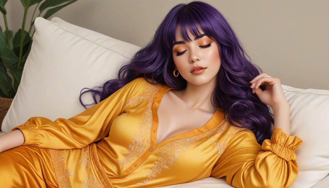 Alluring Woman with Purple Hair Relaxing on Sofa