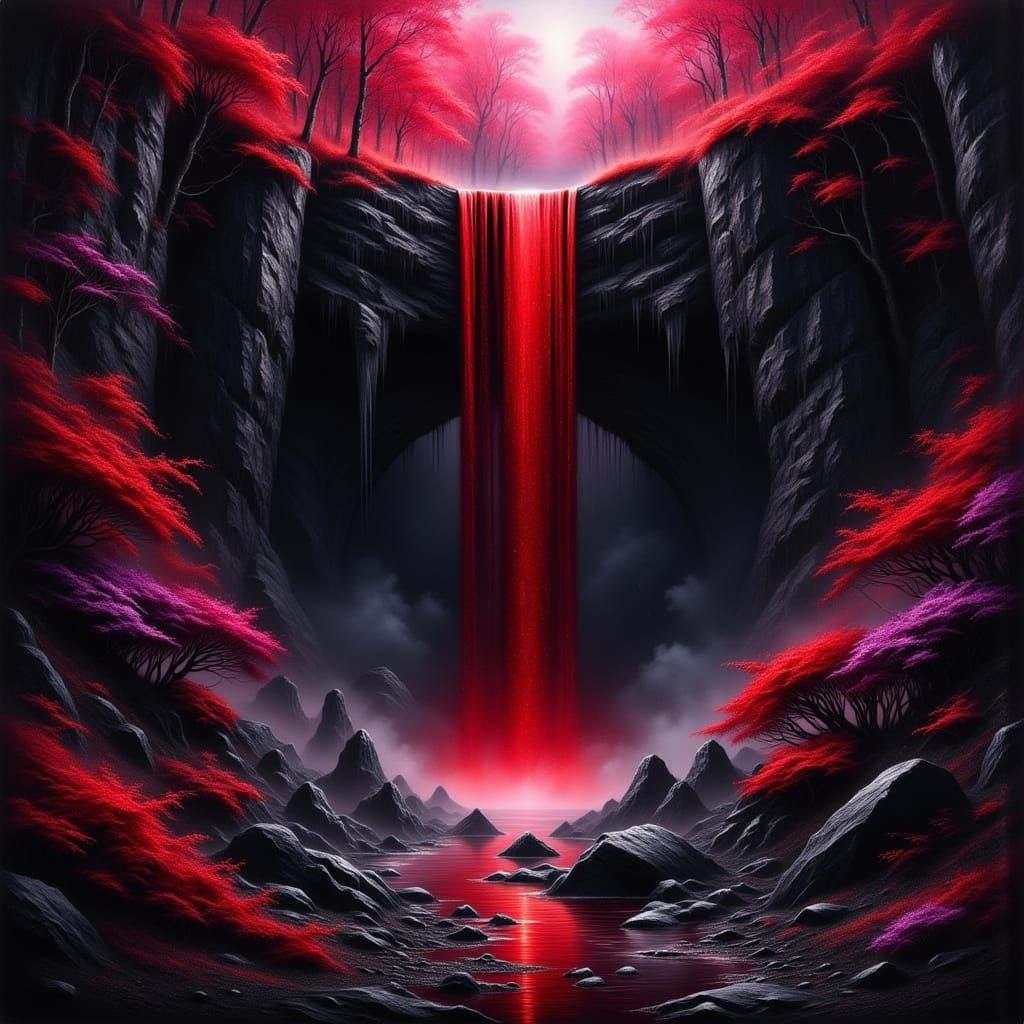Dramatic Red Ink Waterfall in Surreal Style
