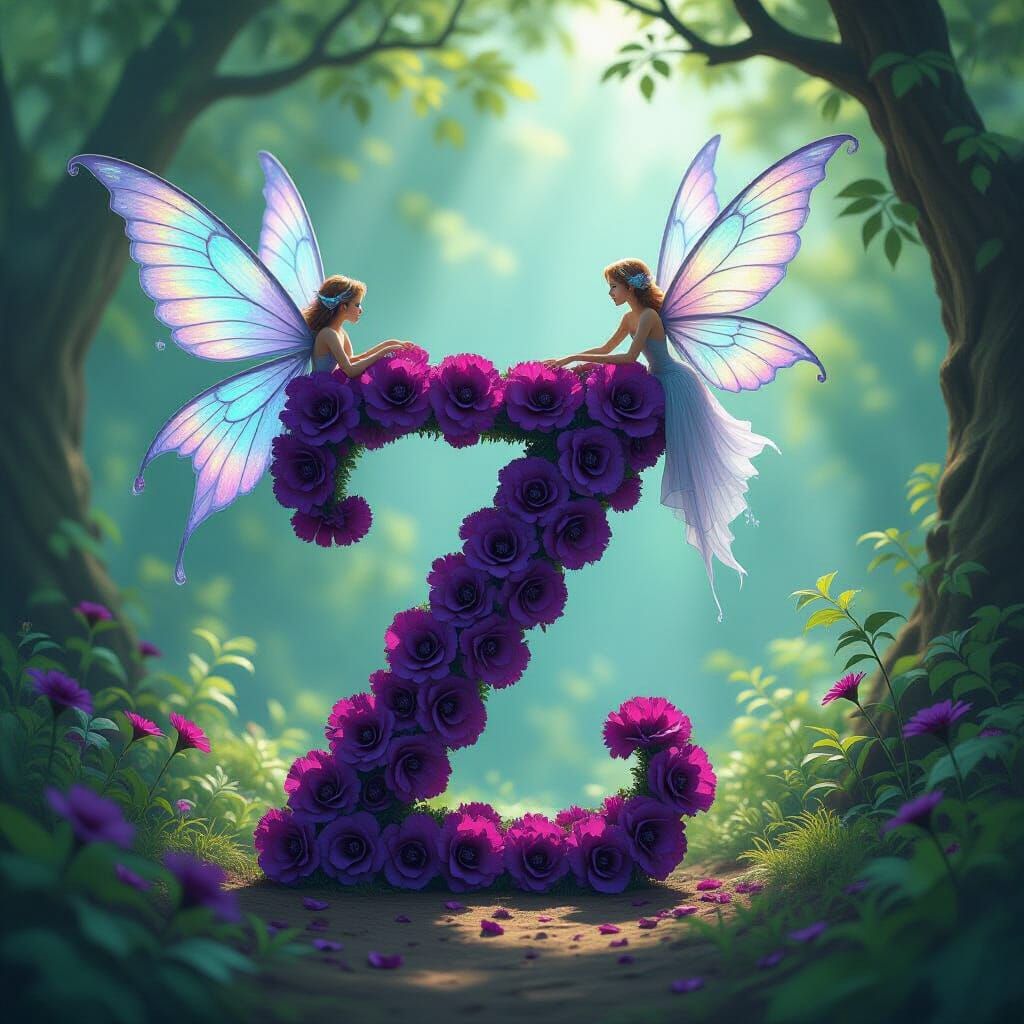 Purple Carnation Letter Z with Fairy in Forest Light