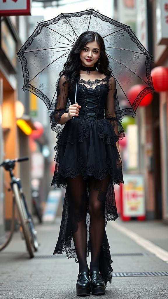 Gothic Woman with Lace Parasol in Anime Style