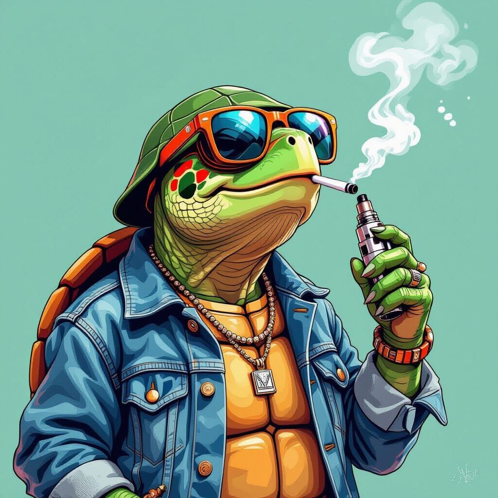 Trendy Turtle Vaping in Stylized Digital Illustration