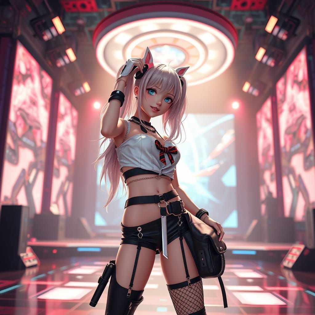 Anime Pop Star on Futuristic Stage in 3D