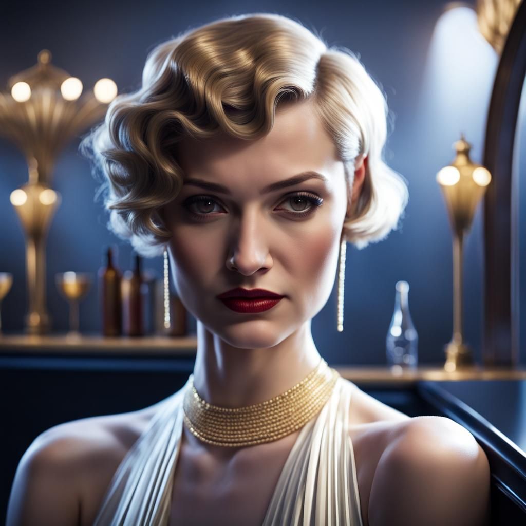 1930s Woman in Art Deco Bar, Realistic Photo