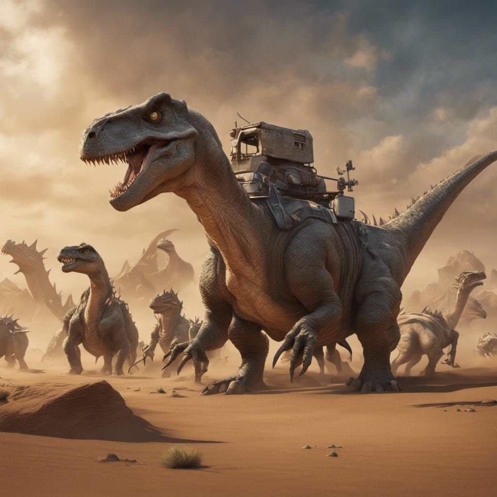 Dinosaur Caravan Trapped in Desert Sandstorm