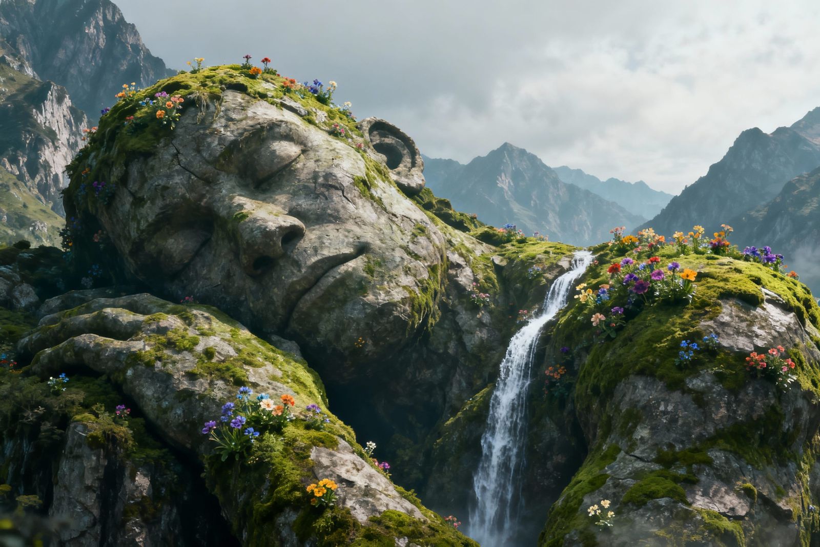 Moss and Stone Giant Slumbers in Mountain Landscape