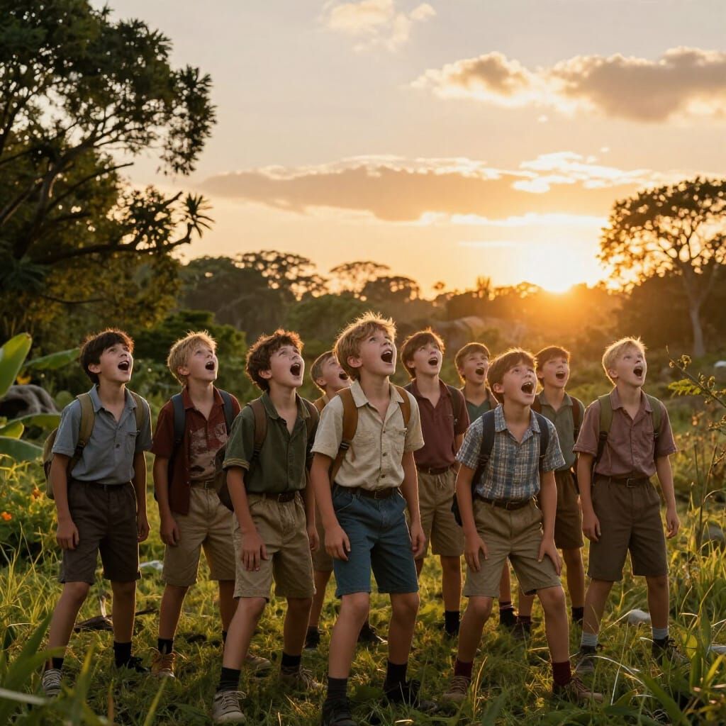 Joyful Boys in Neverland at Sunset