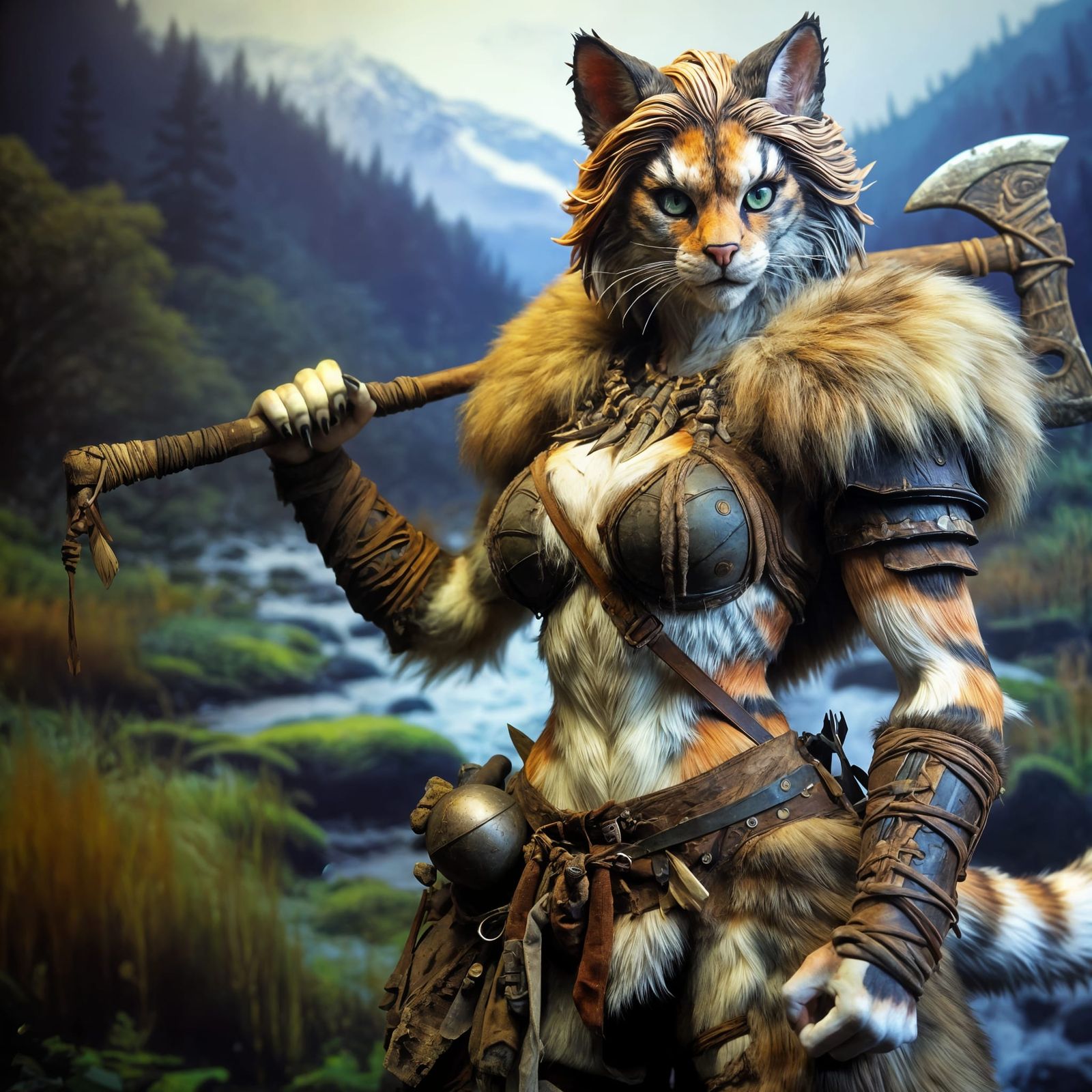 Majestic Calico Catfolk Barbarian Warrior