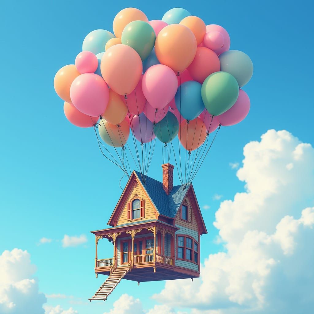 Colorful Victorian House Floating with Balloons