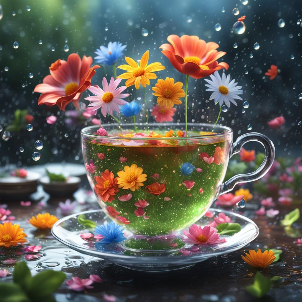 Spring Flowers in Teacup: Detailed Matte Painting