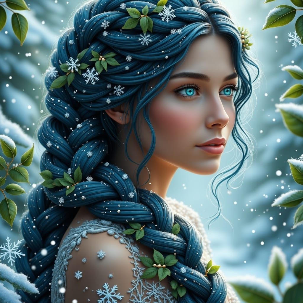 Braided Woman in Winter Wonderland, Digital Art