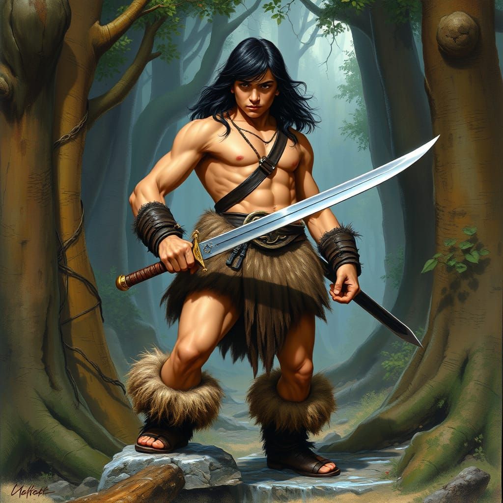 Conan, a young barbarian warrior, wearing fur loincloth and wielding sword, in a mystical forest, inspired by Frank Fraz...