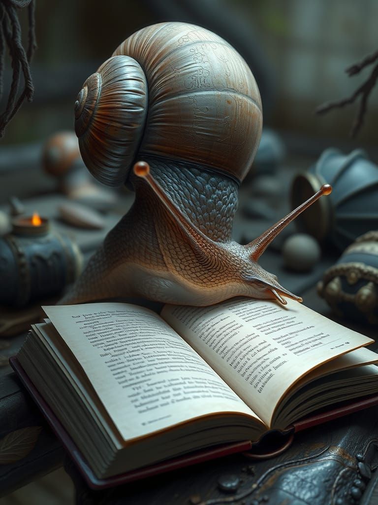 Snail Reads Book in Hyperrealistic Digital Painting