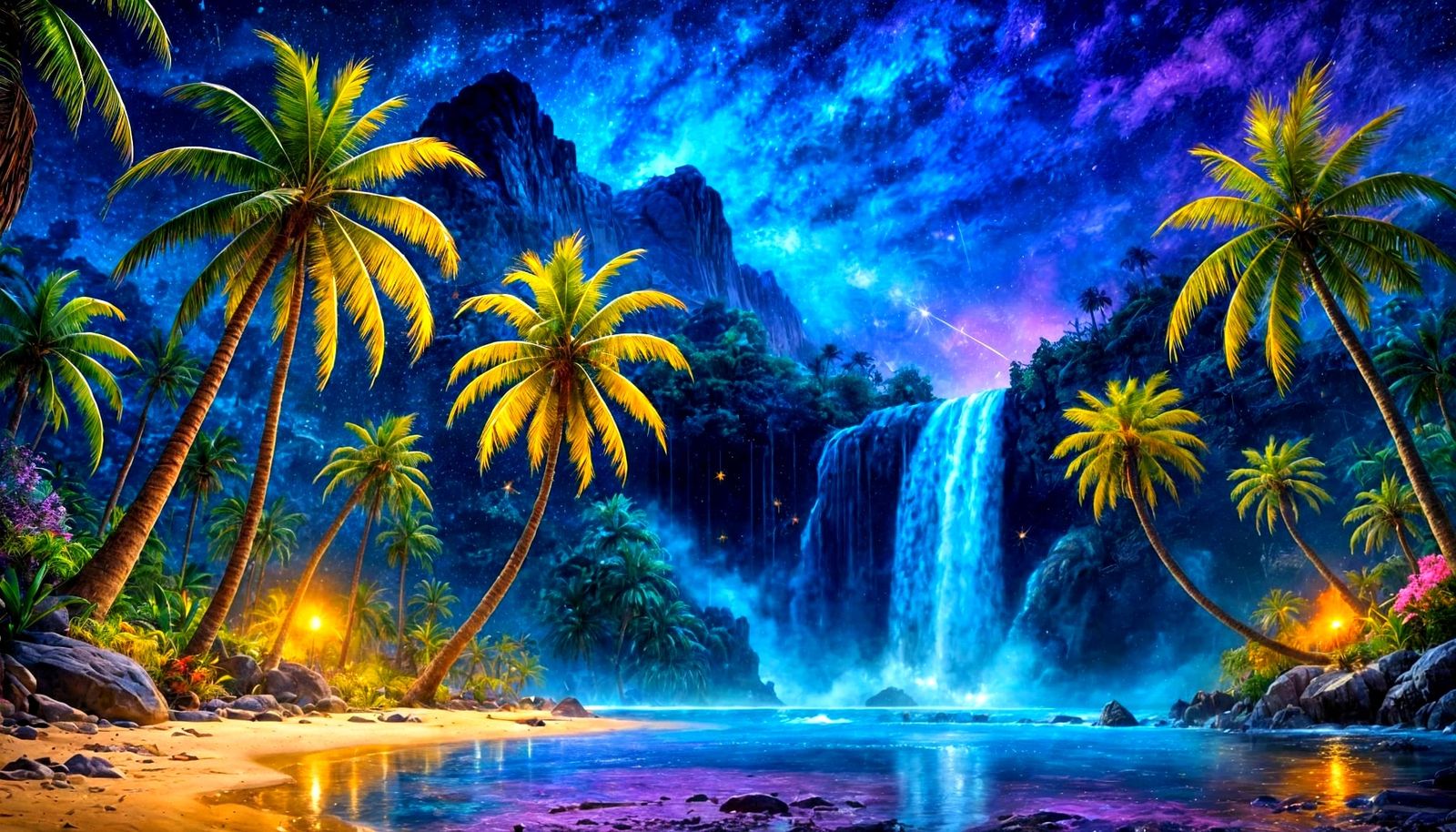 Tropical Beach at Night with Fireflies, Surreal Style