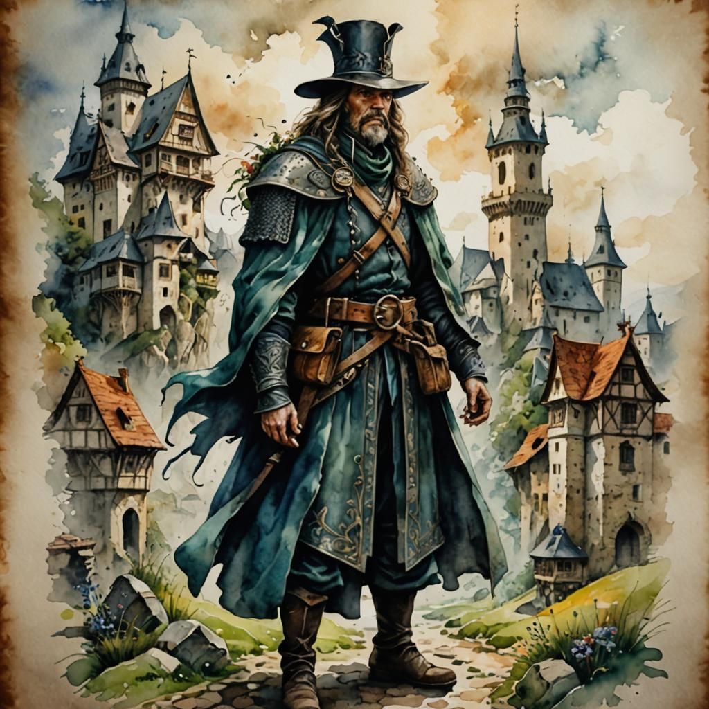 Old European Ink Drawing Illustration in Watercolor