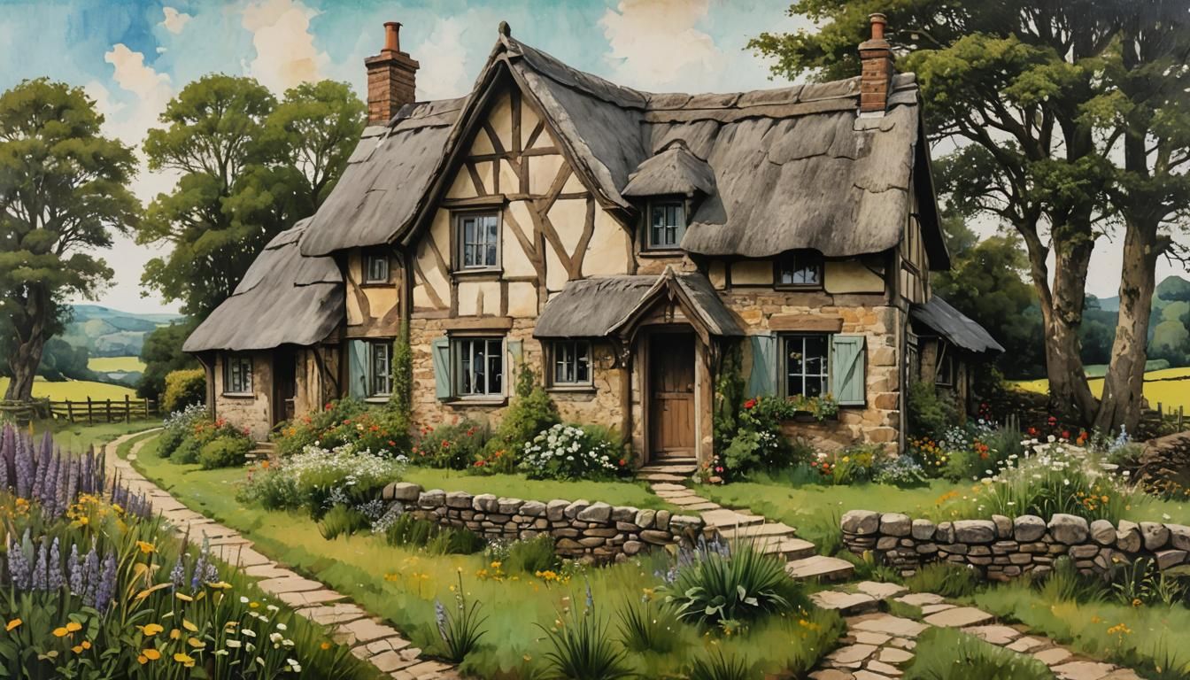 Old Cottage in Mixed Media Collage Style