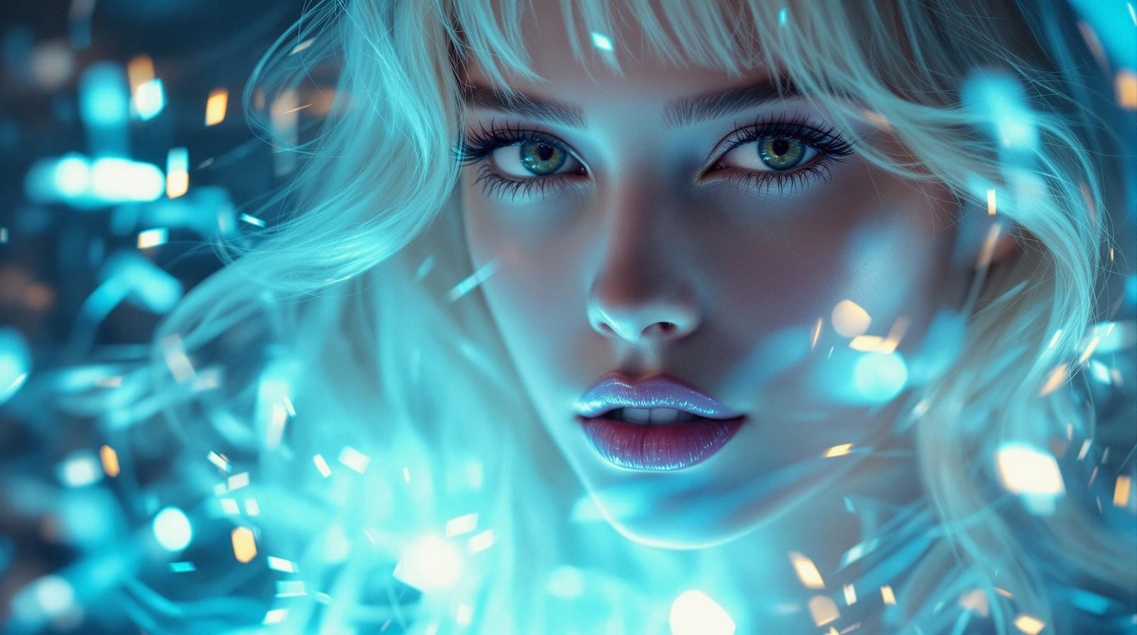 Glamorous Blond Woman in Neon Blue Studio Lighting