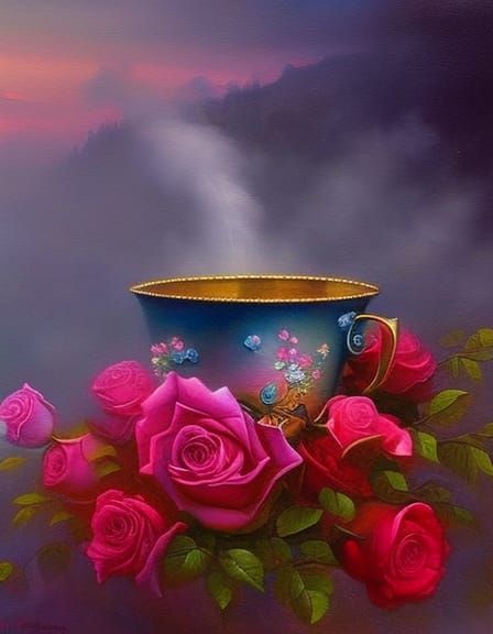 Ethereal Fantasy: Coffee, Roses, and Misty Oil Painting
