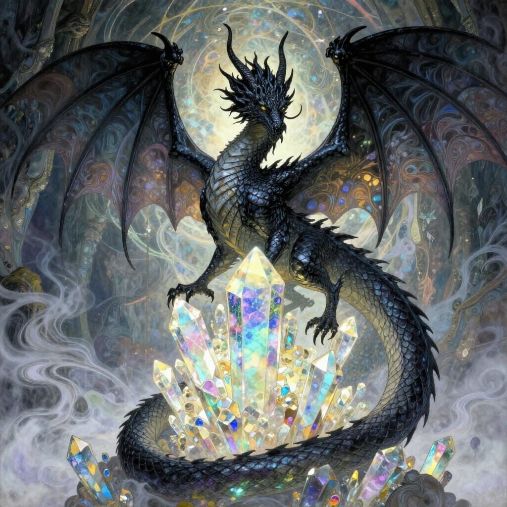 Majestic Dragon Guarding Enchanted Crystals in Mystical Cave...