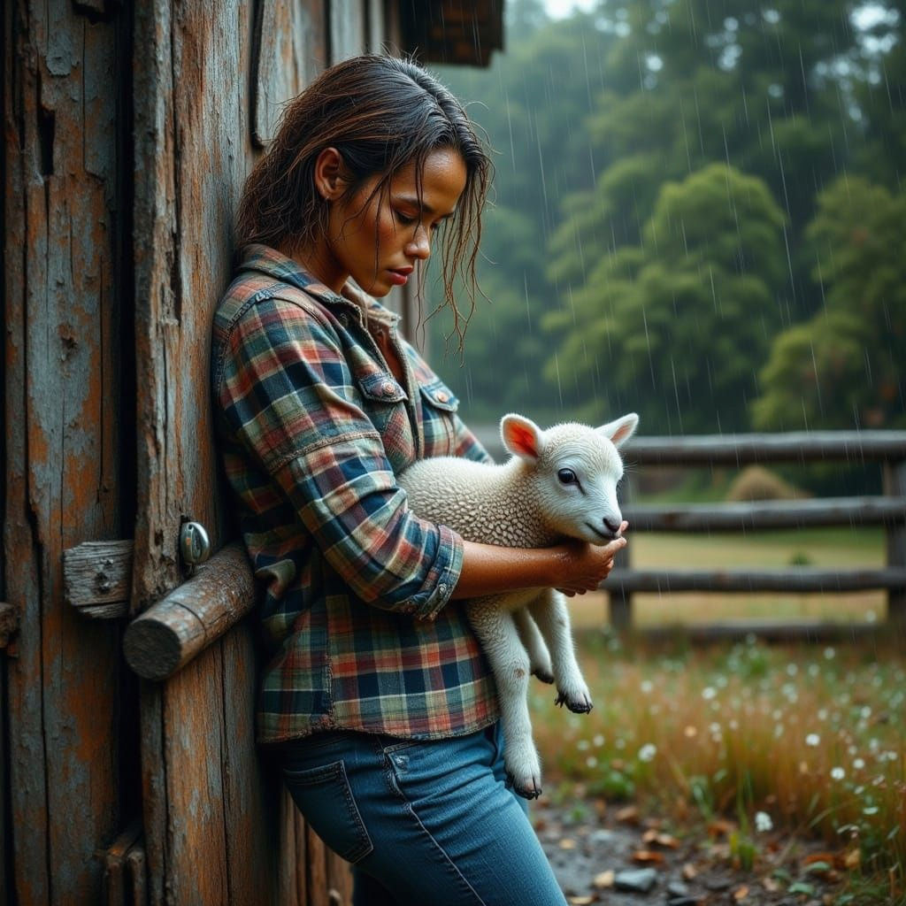 Woman Sheltering Lamb from Storm in Impasto Style