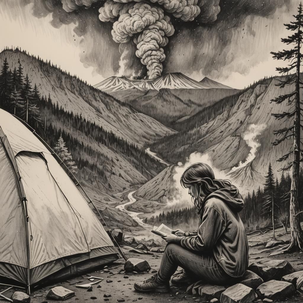 Mount St. Helens Eruption: A Cross-Hatched Ink Drawing