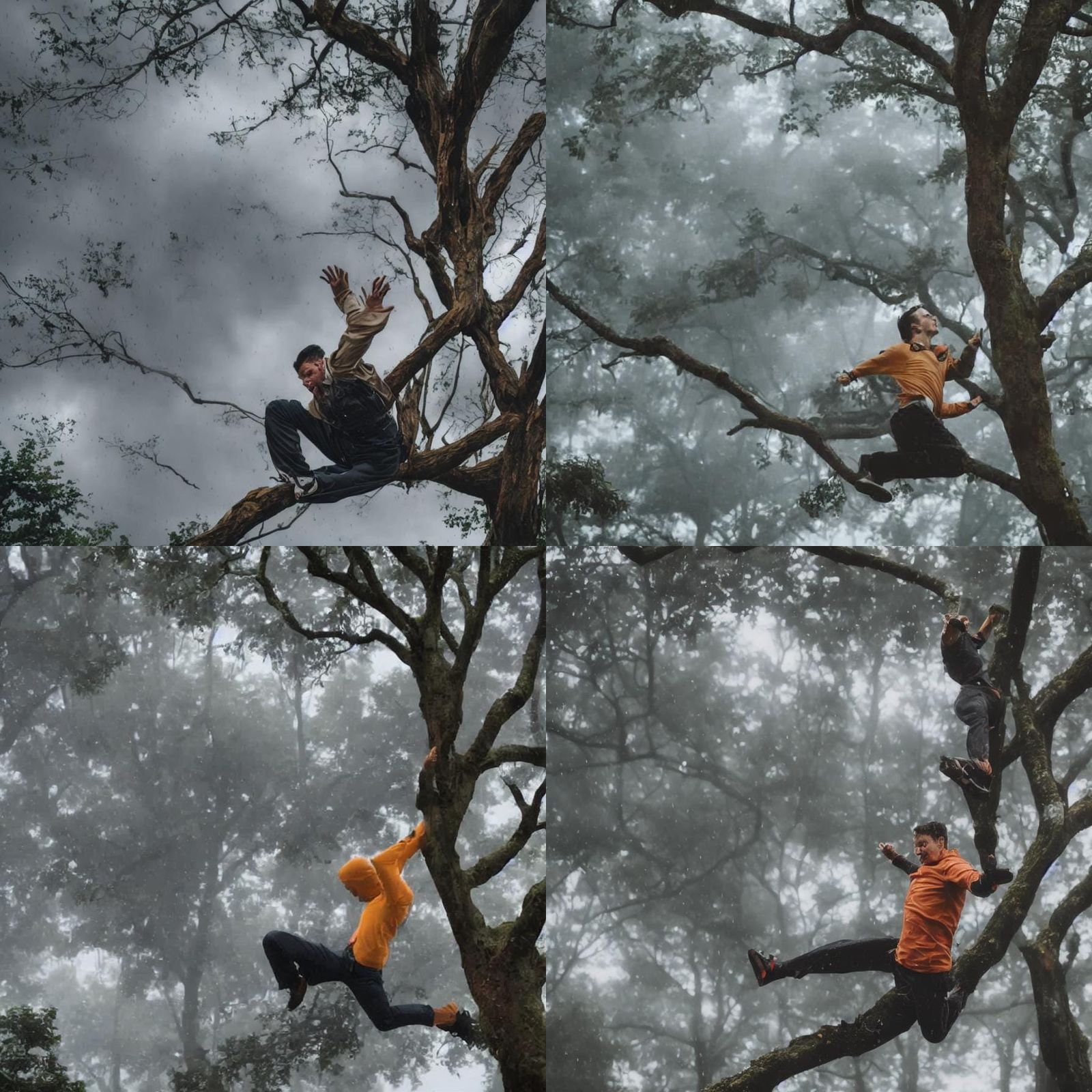 Man Jumps from Tree Branch on Rainy Day