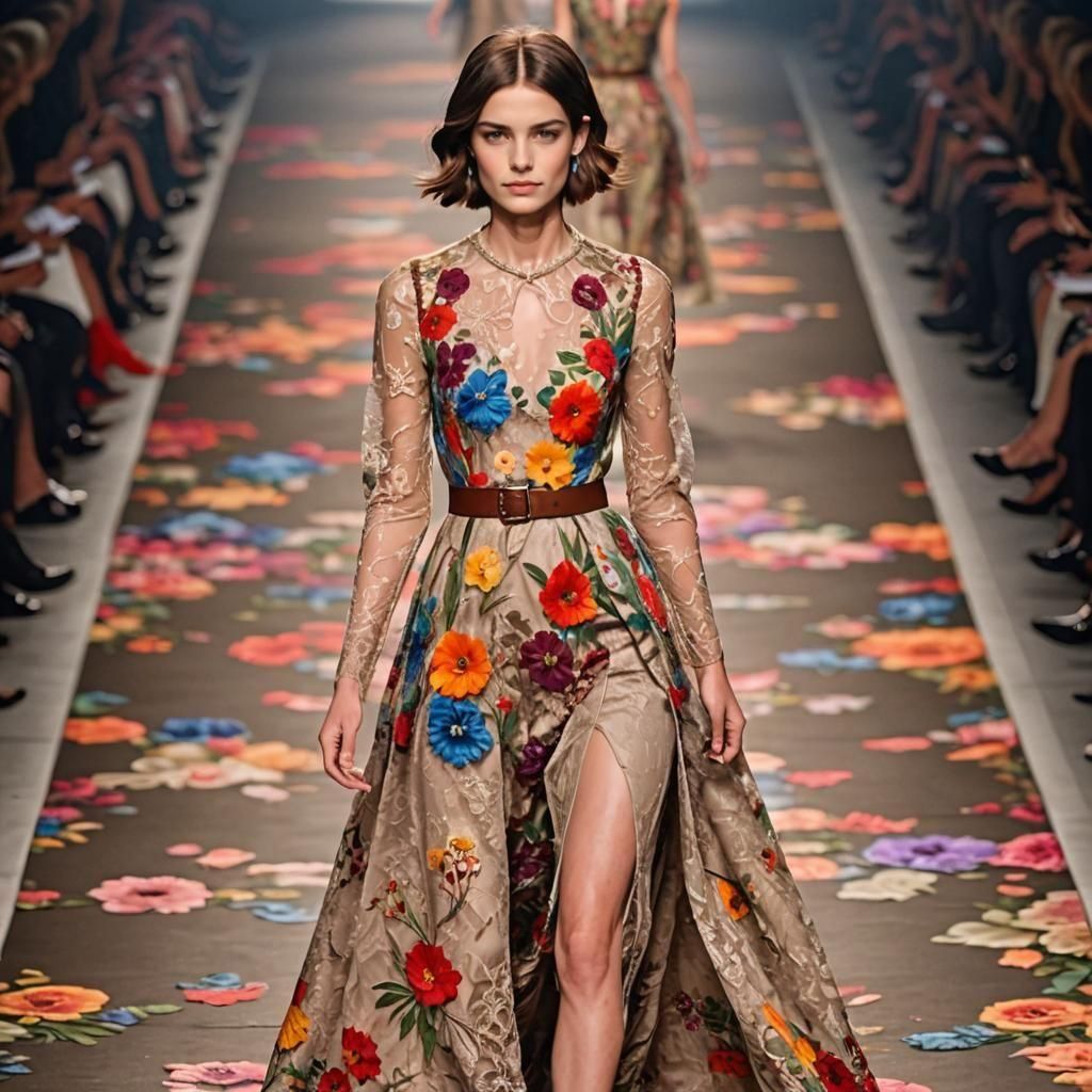 Runway Model Showcases Floral Lace Evening Dress