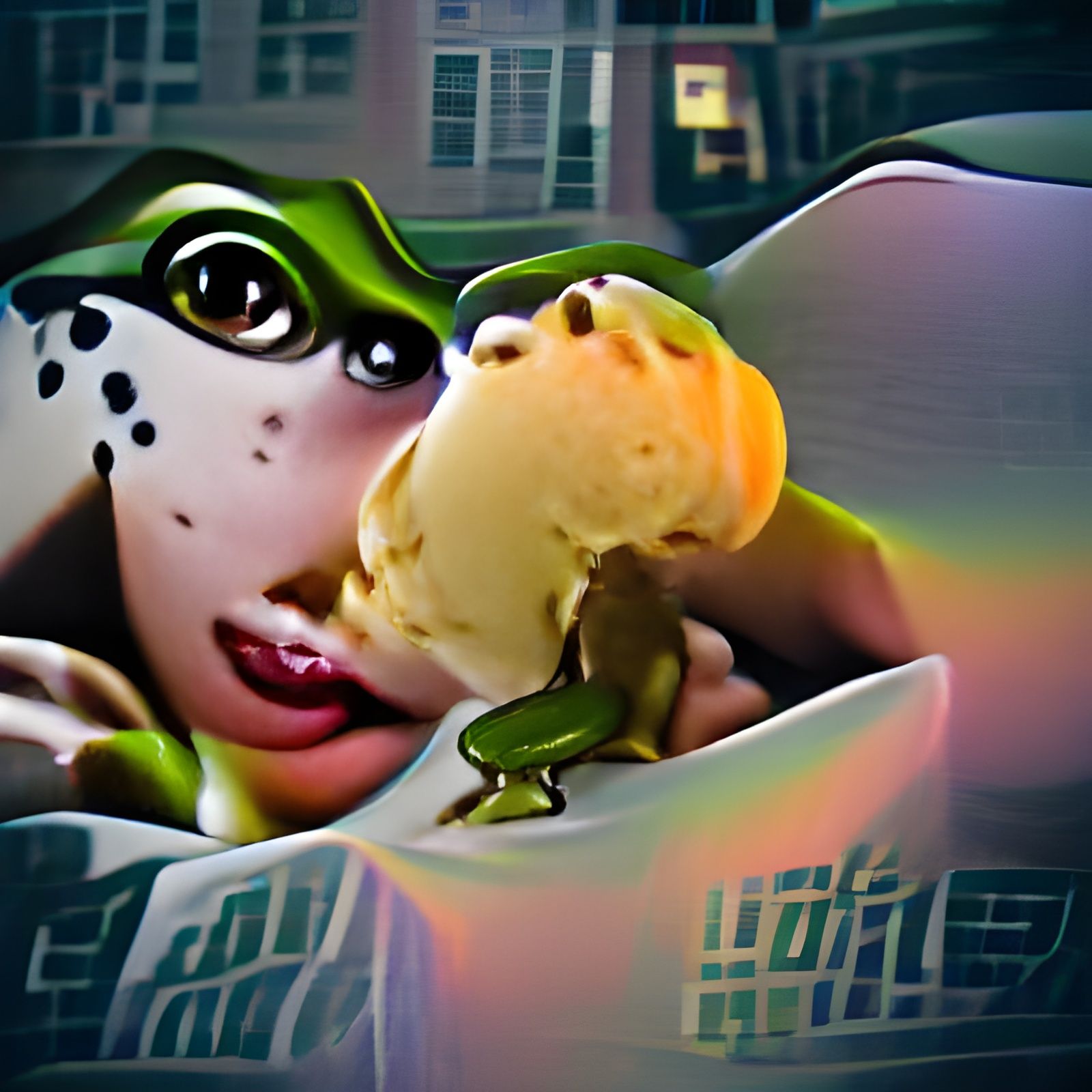 Frog Girl Enjoys Caramel Ice Cream in Film Noir