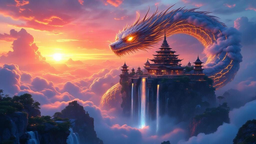 Cloud Serpent Coiling Around Floating Temple