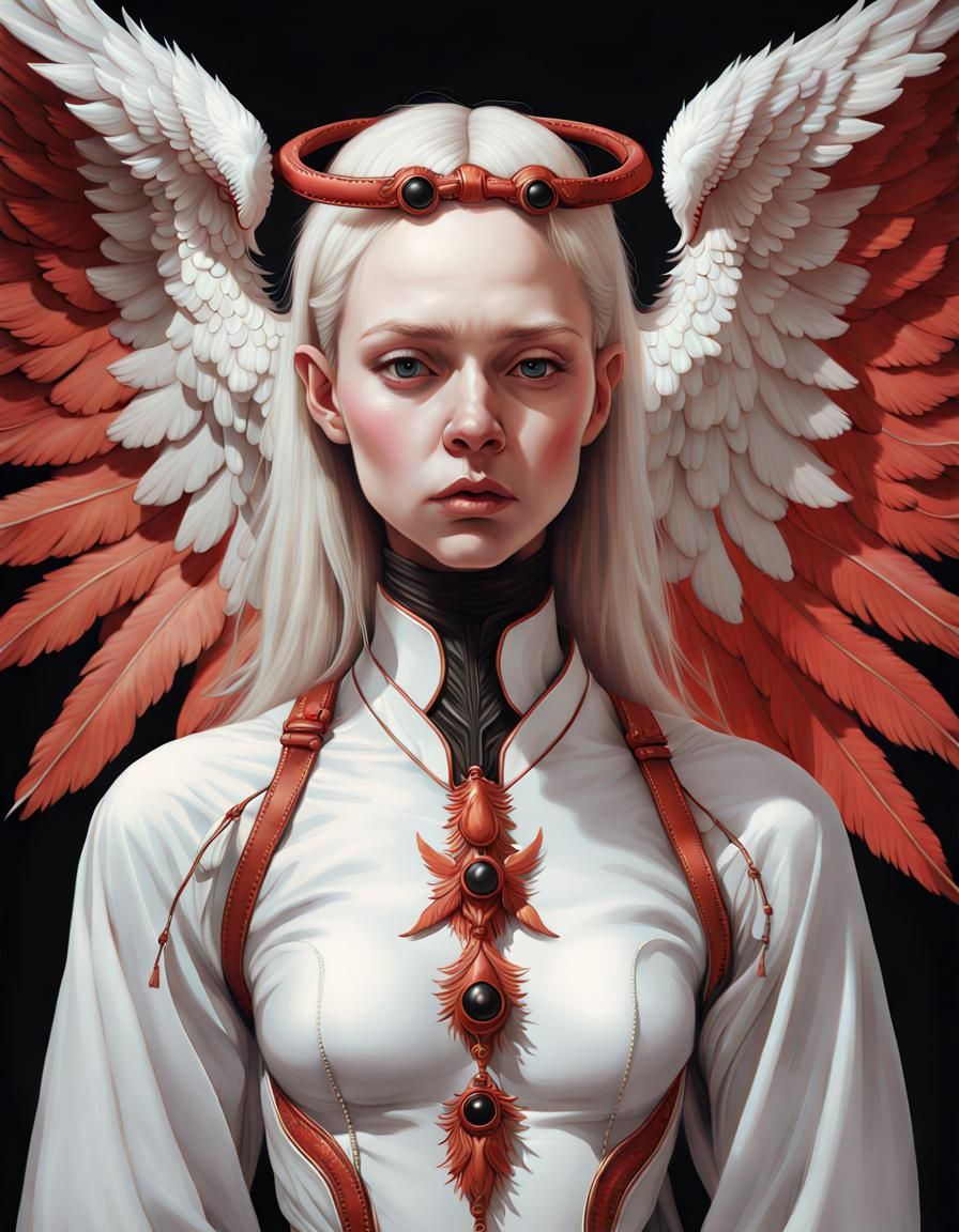 angel with wings, white clothing, in the style of exotic realism, light red and black