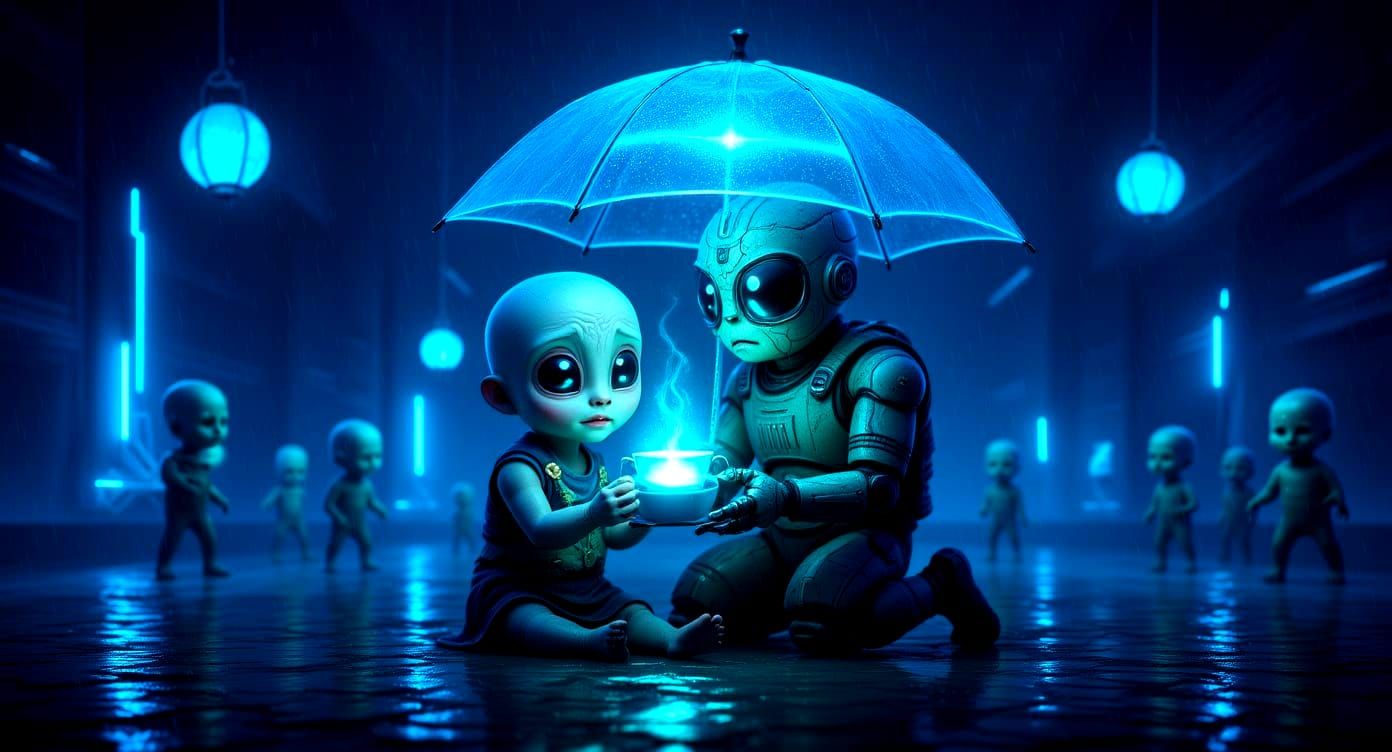 Robot Shelters Alien in Neon Cosmic Rain
