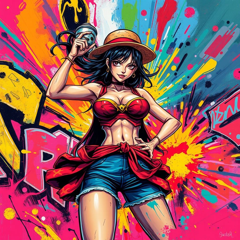 Heroic One Piece-Inspired Woman in Vibrant Street Art