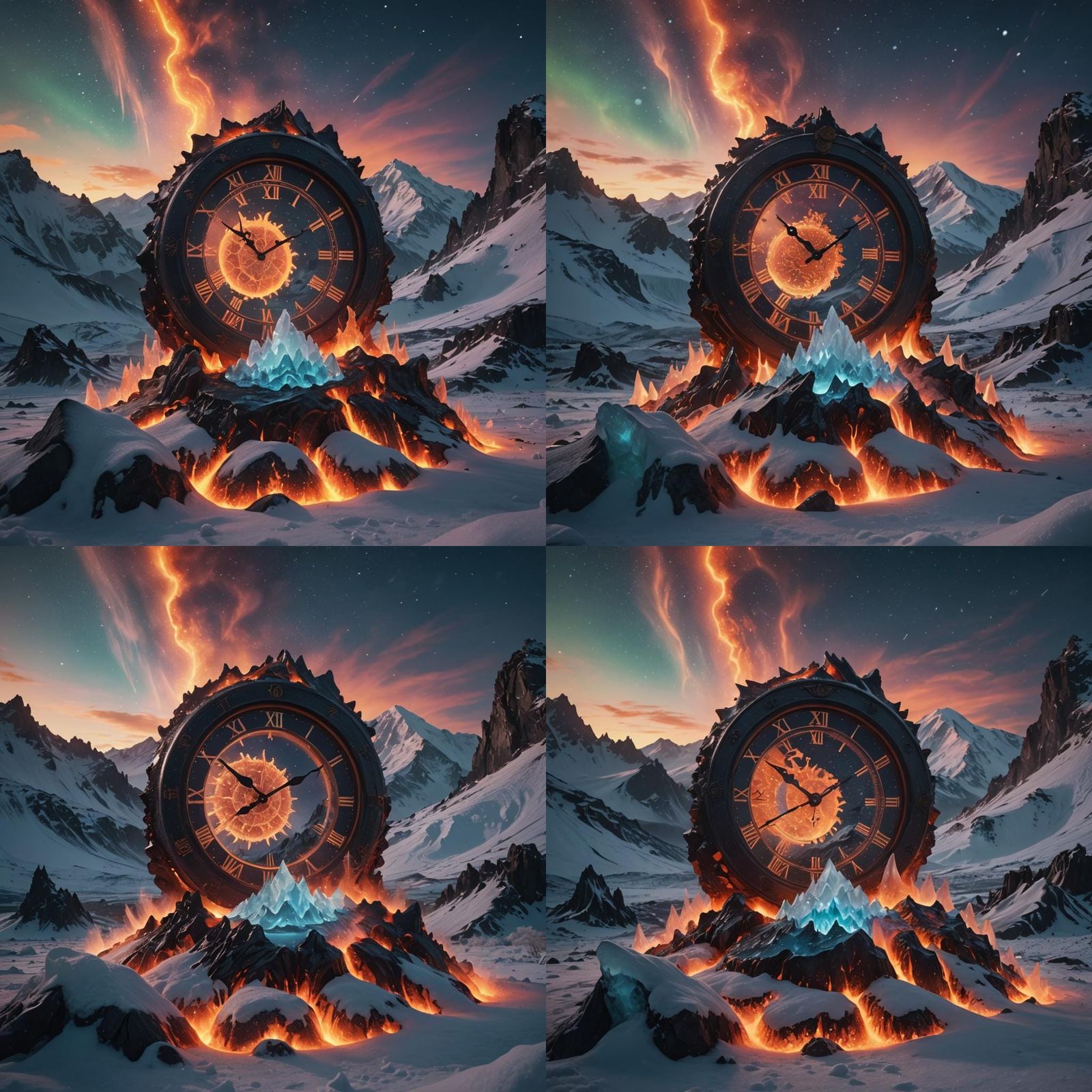 Ethereal Clock Over Snowy Peaks in Cinematic Style