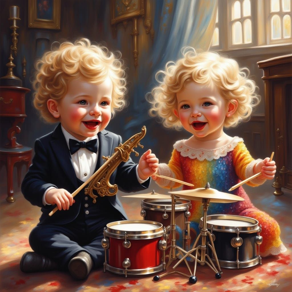 Babies Orchestrating Joyful Music: An Oil Painting