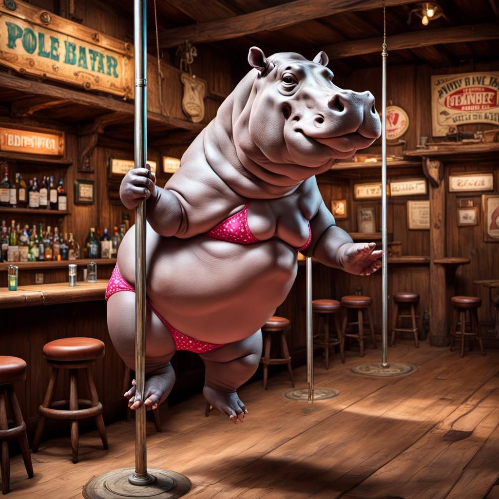 A hippo wearing bikini is performing pole dance in an old fa...
