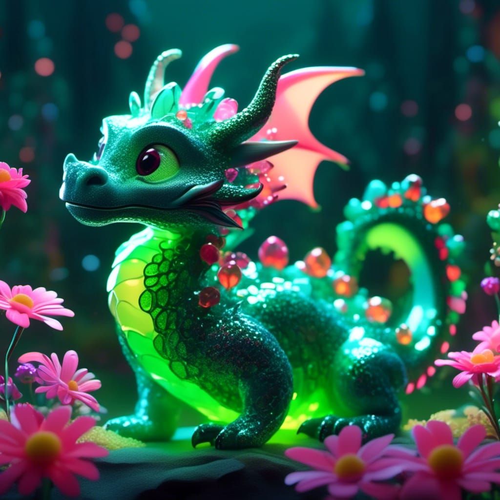 Glass Dragon Among Flowers Under Bright Stars