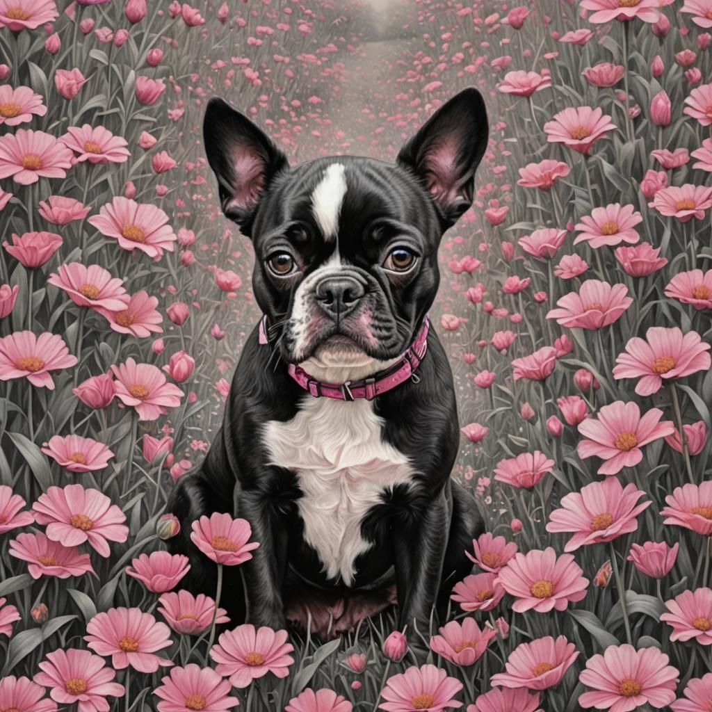 Boston Terrier in Field of Pink Flowers