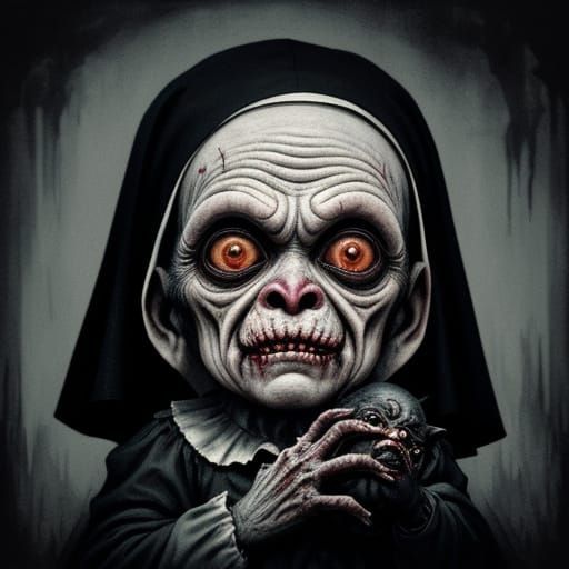 Creepy Elderly Nun Monster Holds Frightened Zombie Clown Tod...