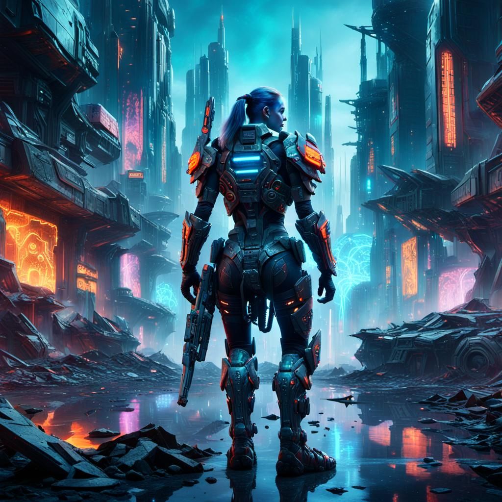 Female Orc Cyborg Warrior in Cyberpunk City