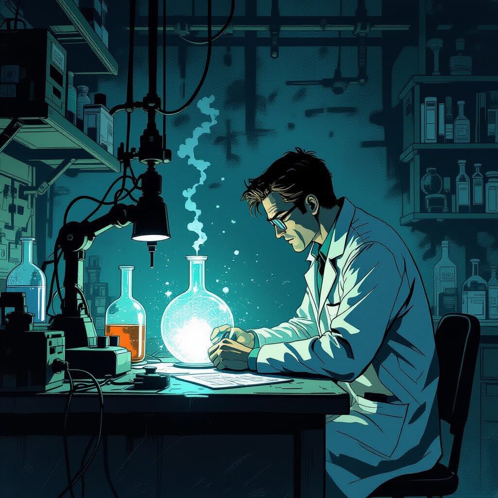 Scientist's Solitary Experiment in Dimly Lit Lab