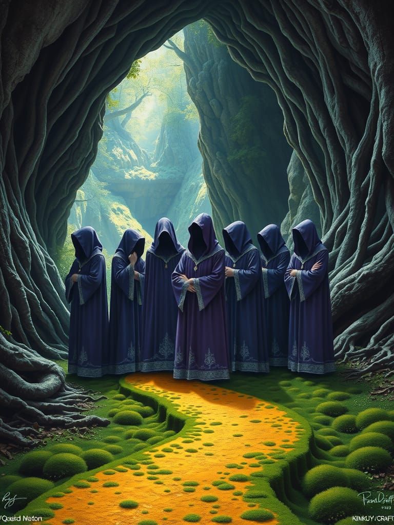 Mystical Hooded Figures in a Dreamlike Cave Entrance