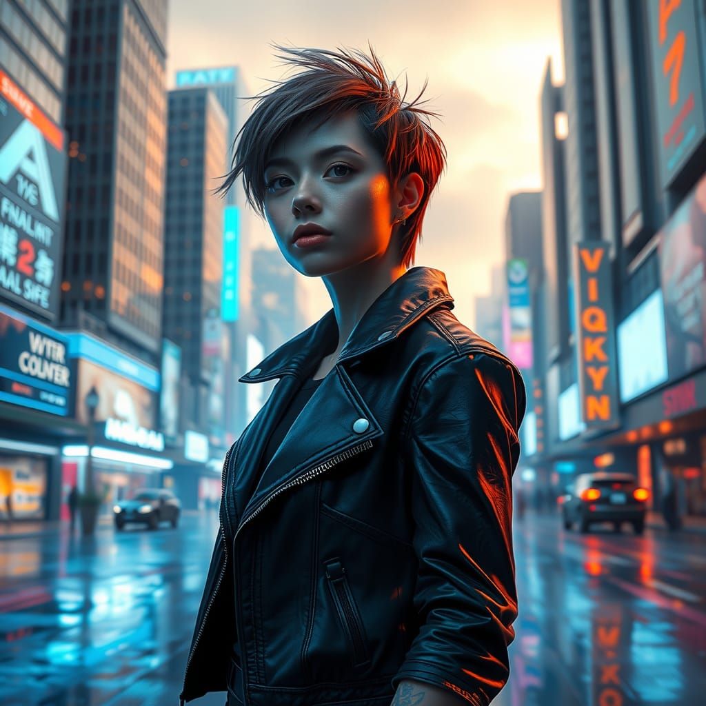 Cyberpunk Woman in Neon Cityscape
