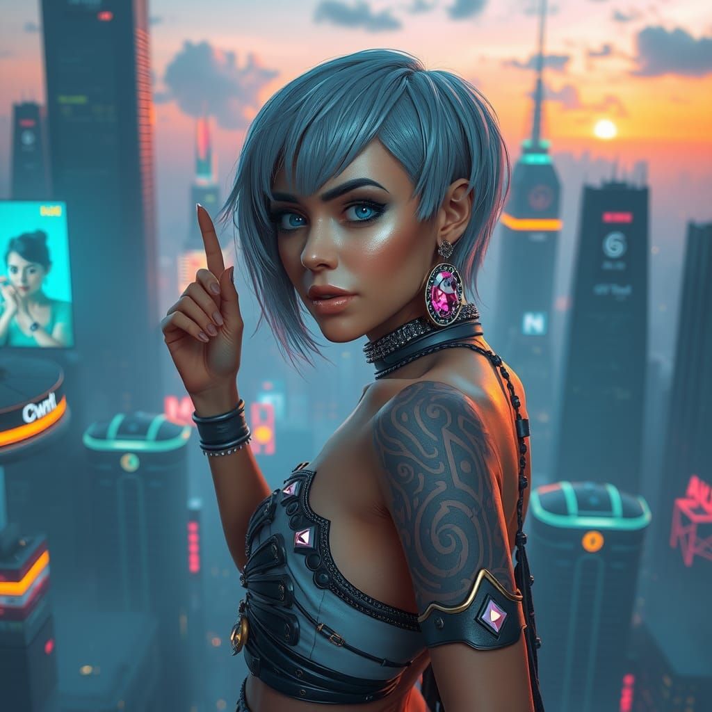 Cyberpunk Woman in Futuristic Cityscape